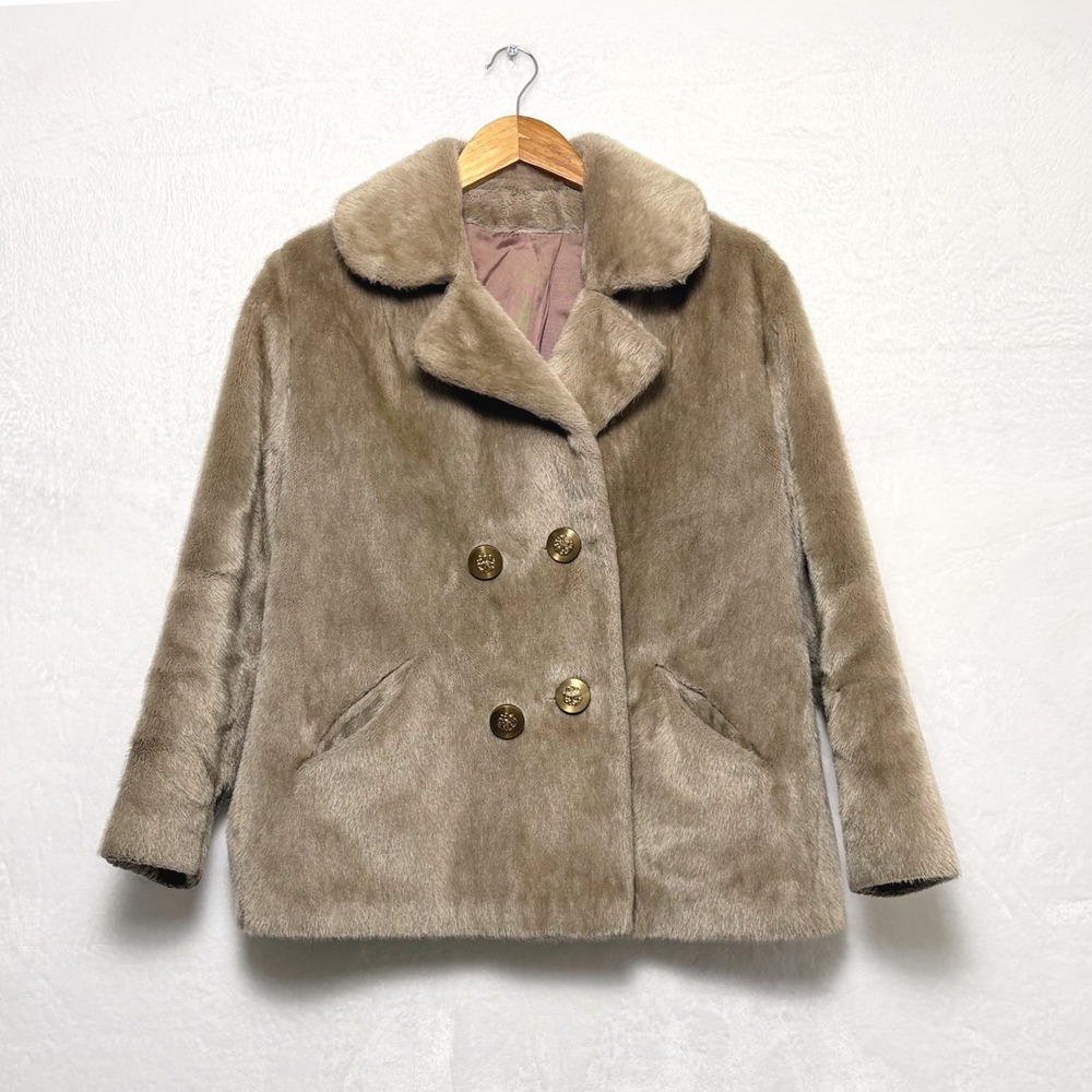 Vintage 60s Sutton Place Faux Fur Coat Taupe Retro Mob Wife M/L Old Money Indie